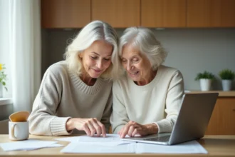Femme et mère discutant à la cuisine chaleureuse