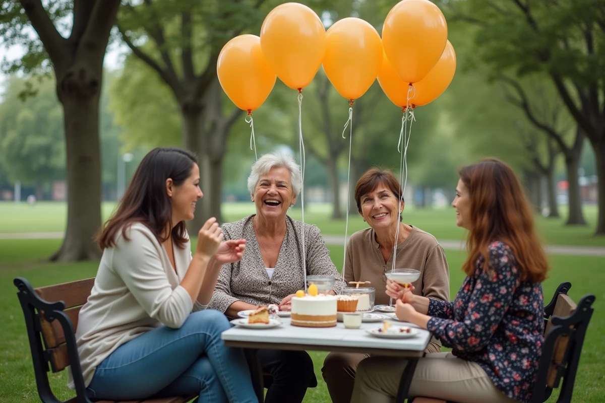 Femme riant avec amis dans un parc en fête