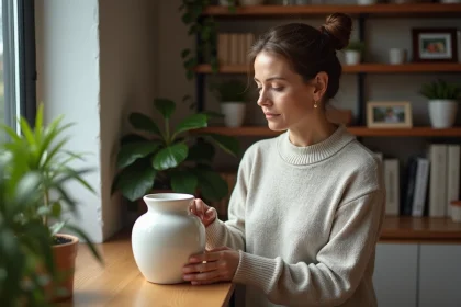 Femme posant une urne en céramique dans un salon moderne