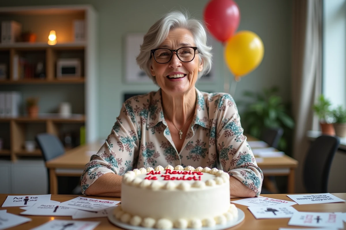 Femme souriante à la retraite devant un gâteau humoristique et des cartes de félicitations dans une salle de réunion décorée