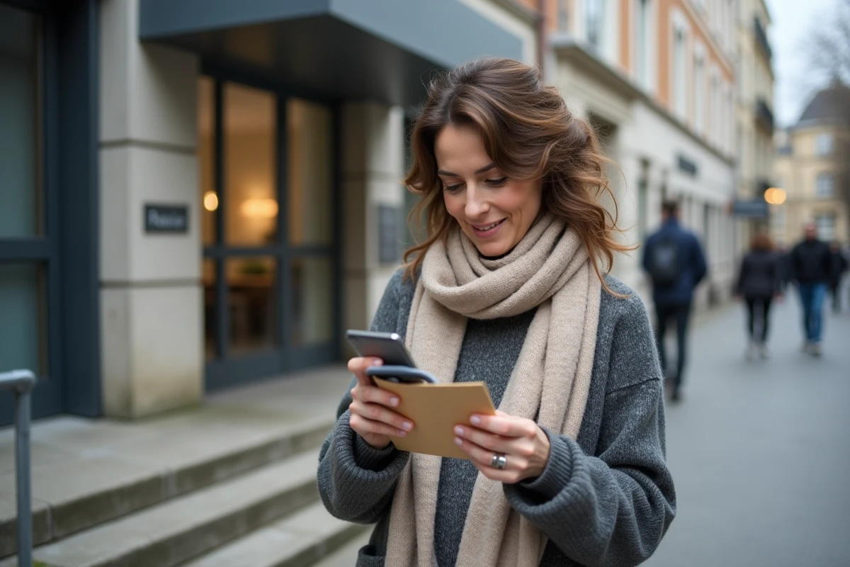 Femme française consulte enveloppe retraite en ville
