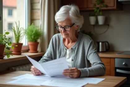 Femme retraitée examinant ses documents de retraite complémentaire et d'AAH à une table de cuisine