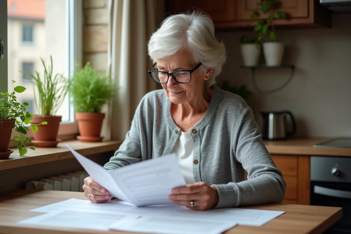 Femme retraitée examinant ses documents de retraite complémentaire et d'AAH à une table de cuisine