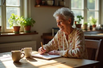 Femme retraitée souriante qui écrit des paroles de chanson dans un carnet sur une table en bois dans sa cuisine