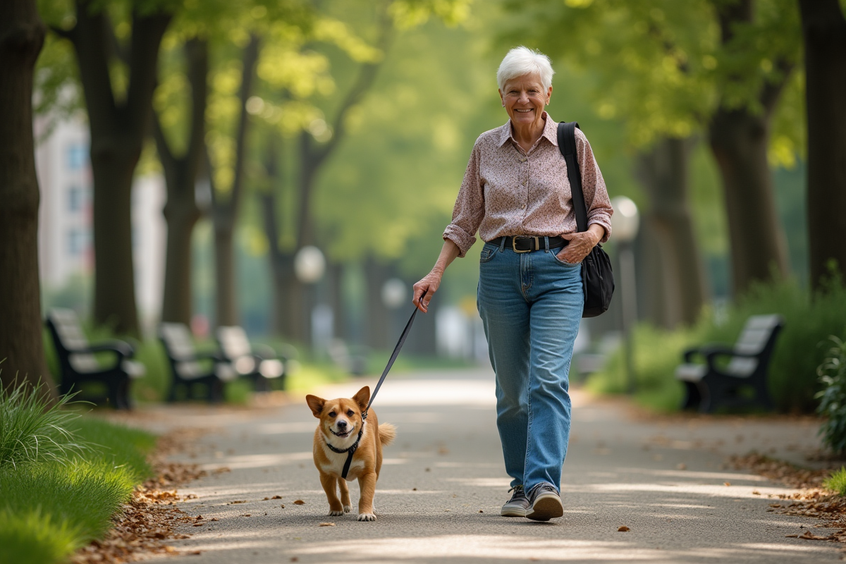 Femme âgée marchant son chien dans un parc urbain