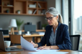 Femme senior active en blazer marine révisant des documents dans un bureau moderne, illustrant les droits des seniors au travail avant la retraite