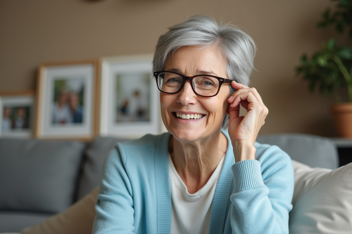 Femme senior souriante ajustant son aide auditive à la maison