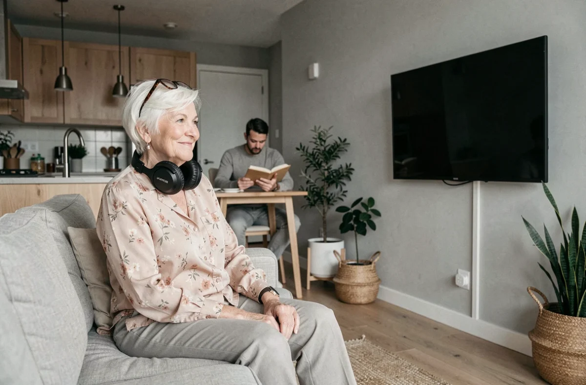Femme senior avec casque TV sans fil en salon moderne pendant que son partenaire lit en silence