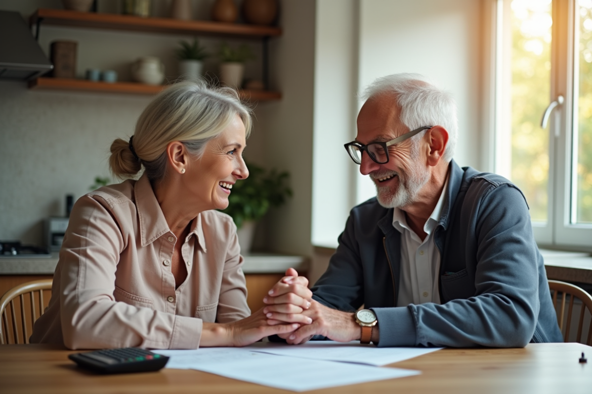 Femme senior souriante avec un homme à la cuisine