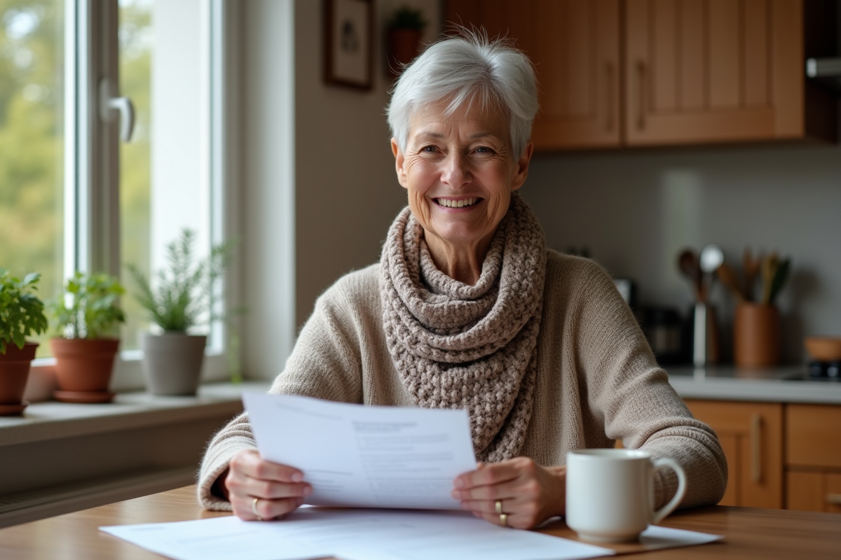 Femme âgée souriante lisant des documents dans sa cuisine chaleureuse