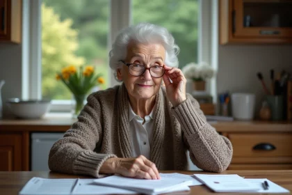 Femme senior ajustant ses lunettes dans sa cuisine chaleureuse