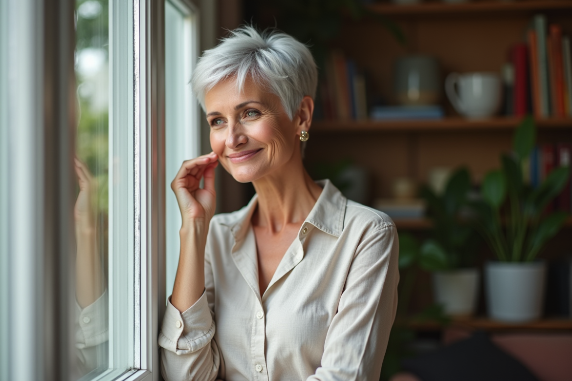 Femme de 60 ans élégante avec coupe pixie argentée