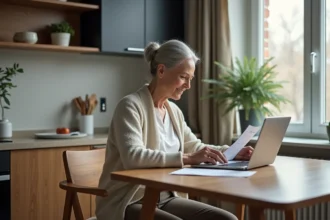 Femme senior concentrée avec tablette dans sa cuisine