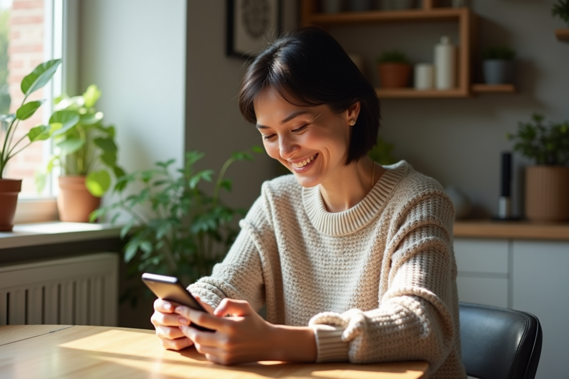 Femme d'âge moyen souriante utilisant un smartphone dans un intérieur chaleureux