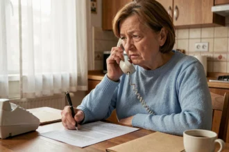 Femme senior au téléphone consultant son dossier de retraite CNAV à la maison