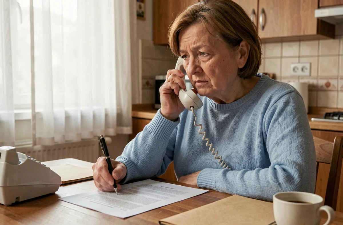 Femme senior au téléphone consultant son dossier de retraite CNAV à la maison