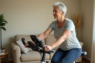 Femme senior pédalant sur un vélo d'appartement dans son salon, posture détendue et expression sereine