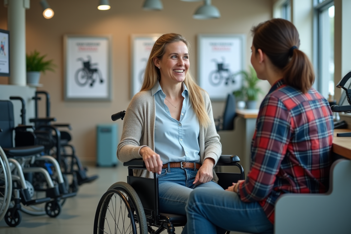 Femme en fauteuil discutant avec un agent dans un magasin d'équipements médicaux