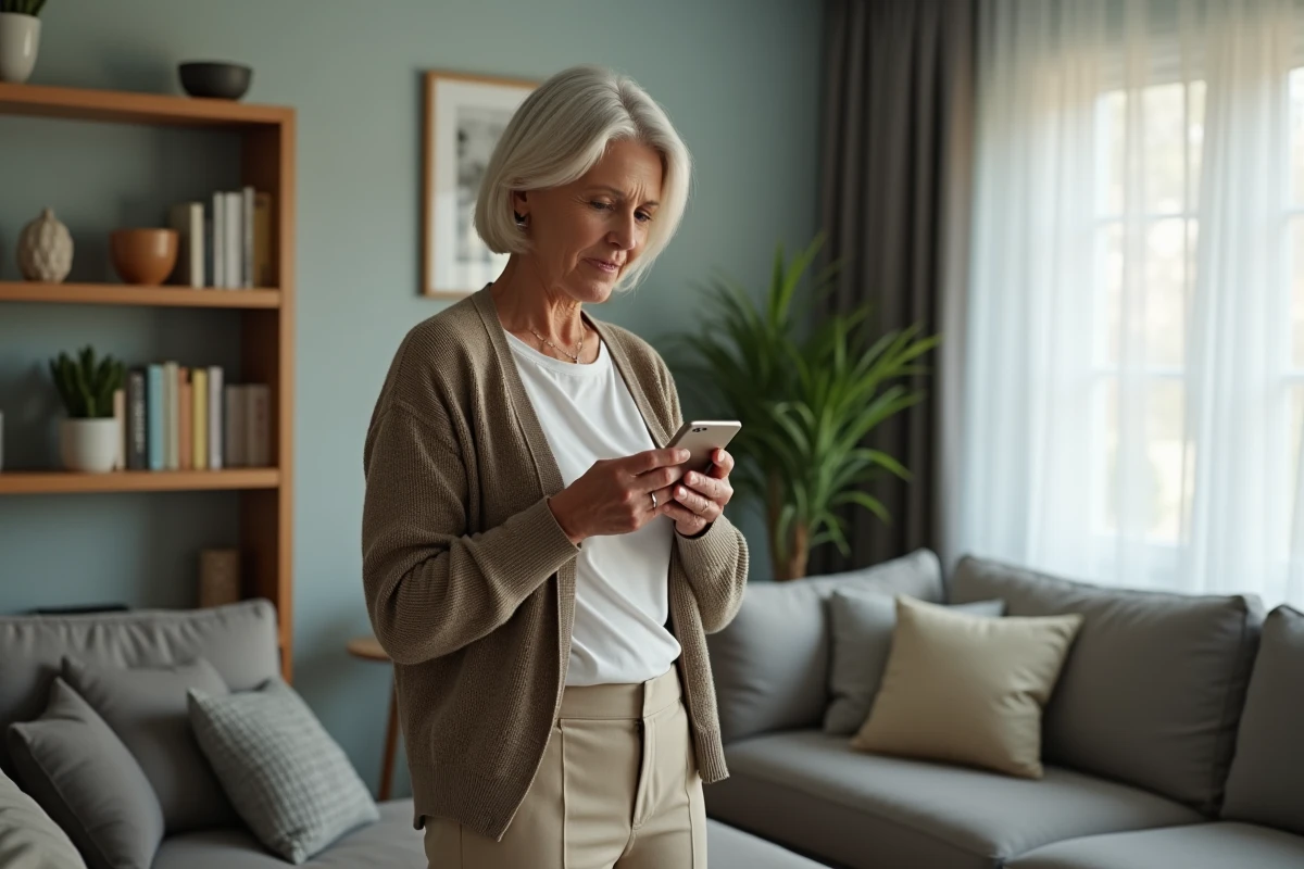 Femme hésitante au téléphone avant de contacter une intervenante à domicile