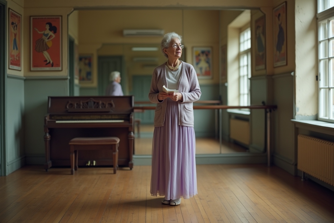 Femme âgée dans un studio de danse vintage contemplant un carnet