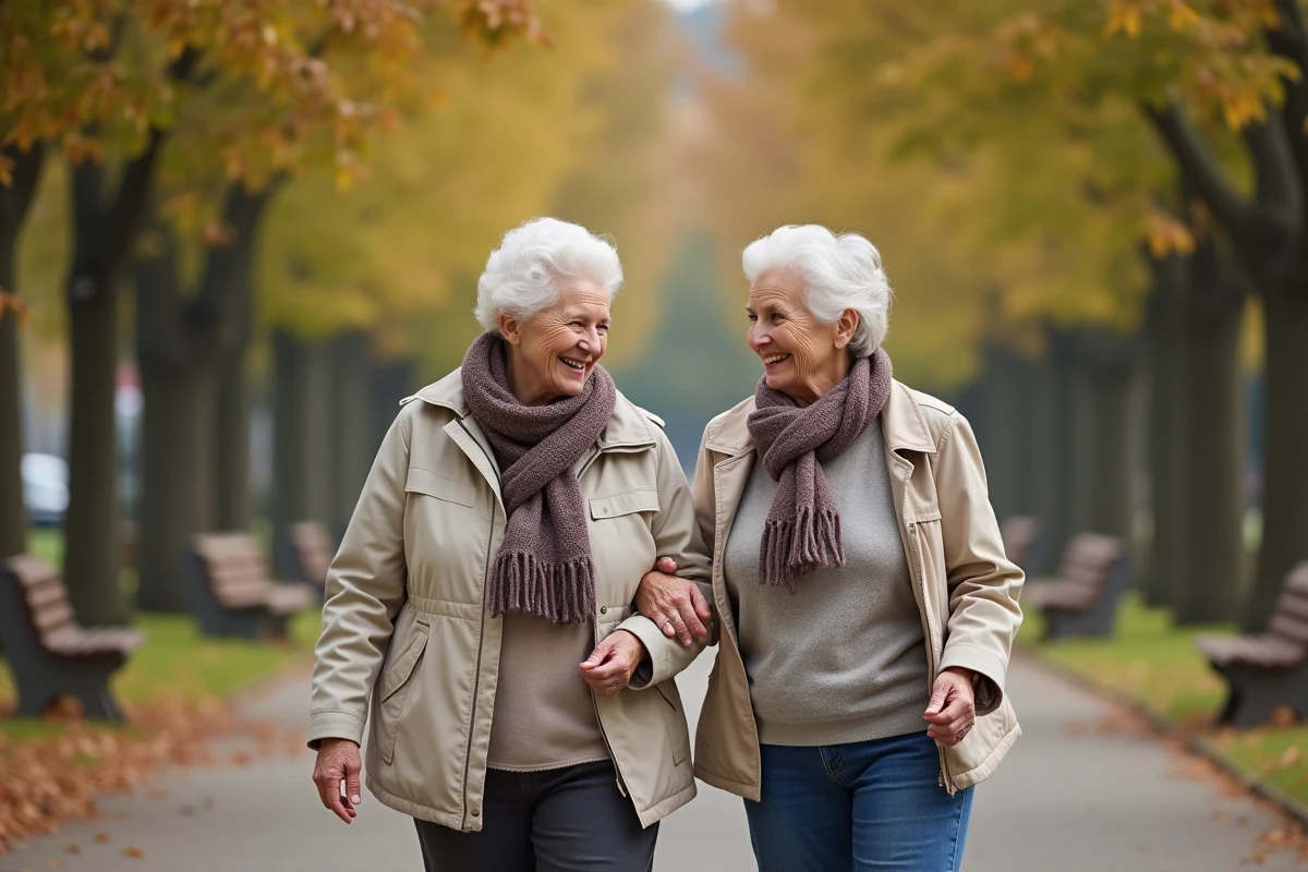 Deux femmes âgées marchant main dans la main dans un parc