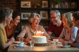 Femme de 70 ans souffle ses bougies entourée de la famille