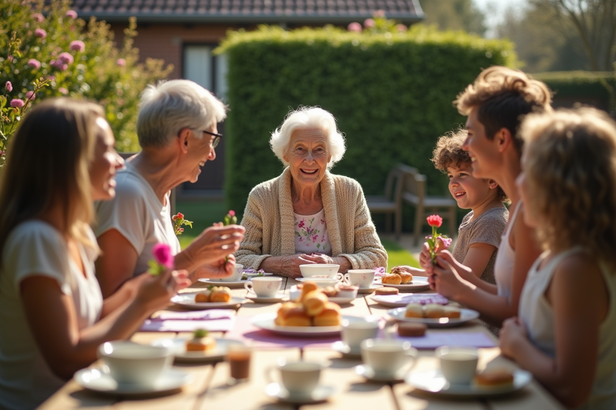 Famille belge célébrant la fête des grands-mères dans un jardin fleuri