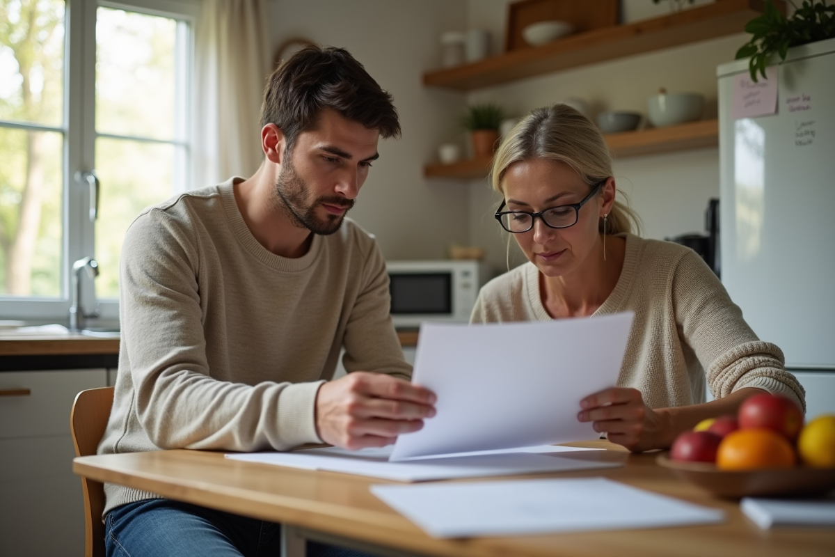 Jeune homme aidant sa mère à lire des papiers dans la cuisine