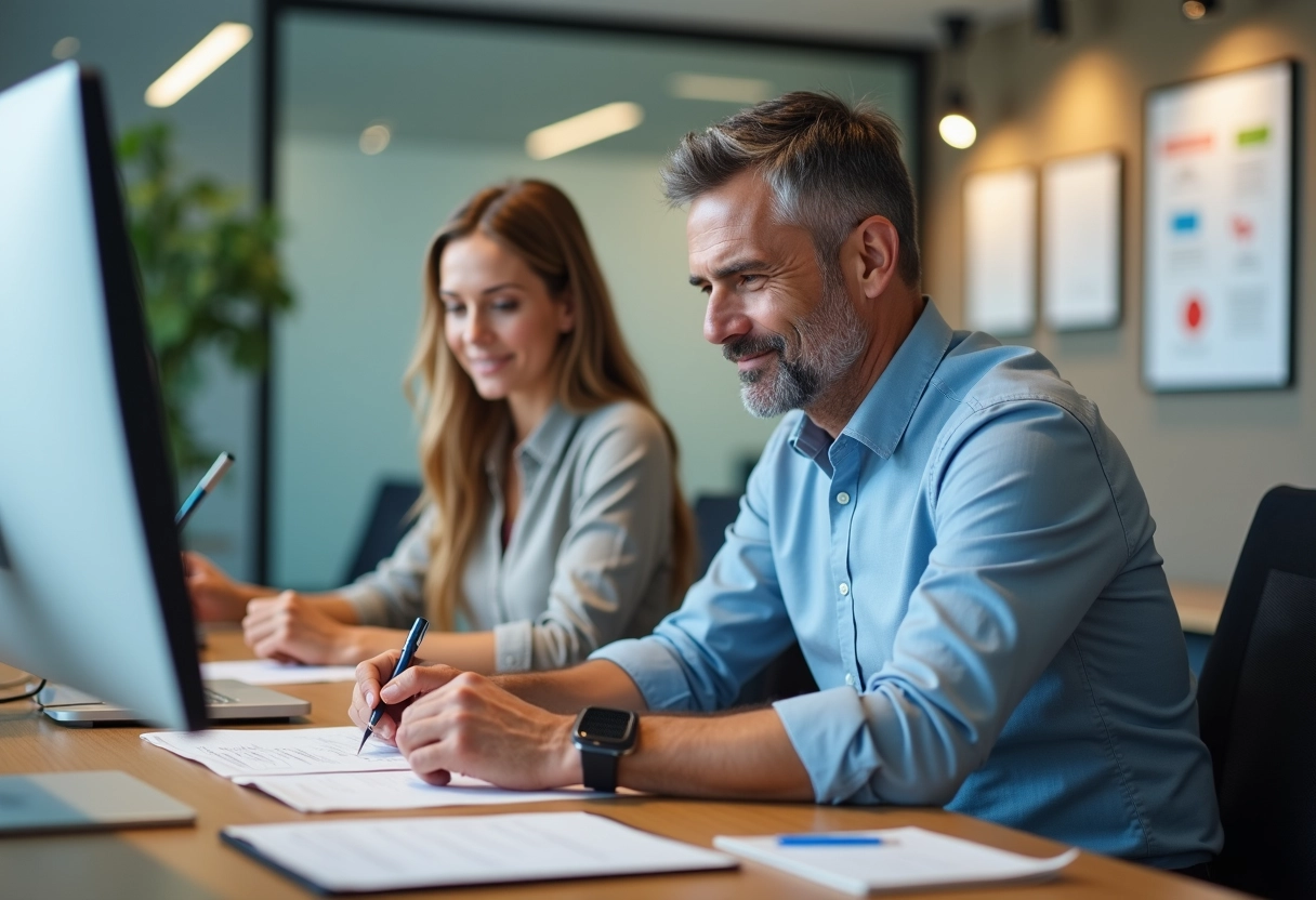 Fils et fille remplissant des formulaires dans un bureau moderne