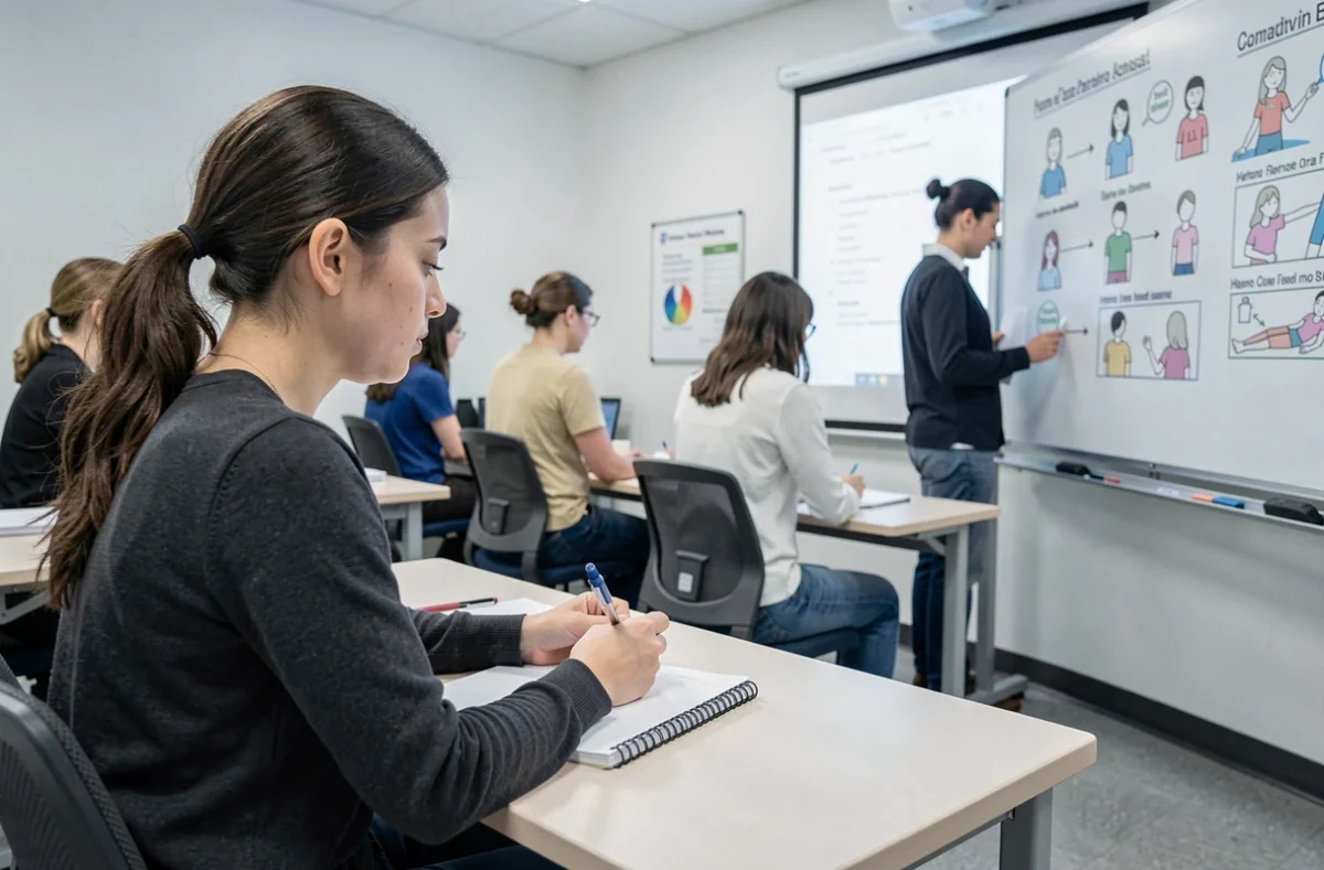 Jeune femme en formation professionnelle pour intervenante à domicile prenant des notes dans une salle de cours