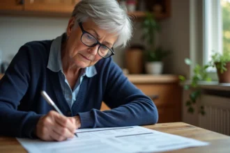 Femme retraitée remplissant un formulaire de départ à la retraite à sa table de cuisine