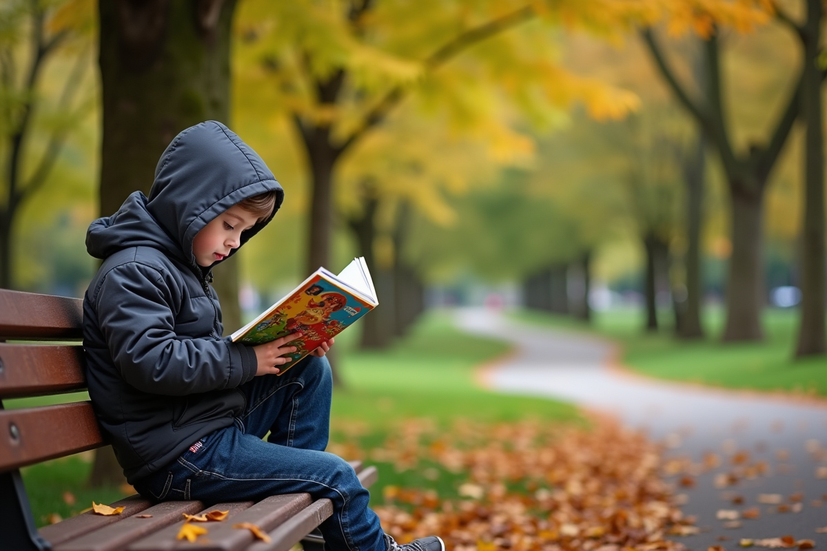 Garçon lisant un livre dans un parc verdoyant