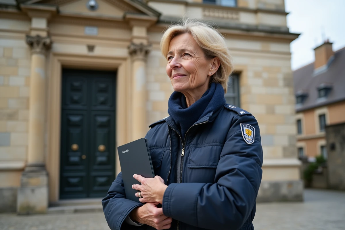 Femme gendarme retraitée devant la gendarmerie historique