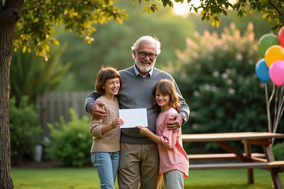 Homme de 70 ans avec petits-enfants dans le jardin