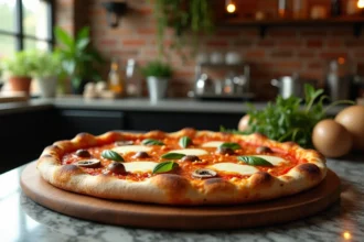 Grande pizza de pizzeria sur planche en bois avec mozzarella fondante, basilic et champignons sur comptoir en marbre