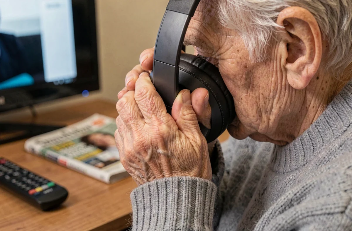 Gros plan d'une personne âgée enfilant un casque TV sans fil avec détail du matériau et de la texture