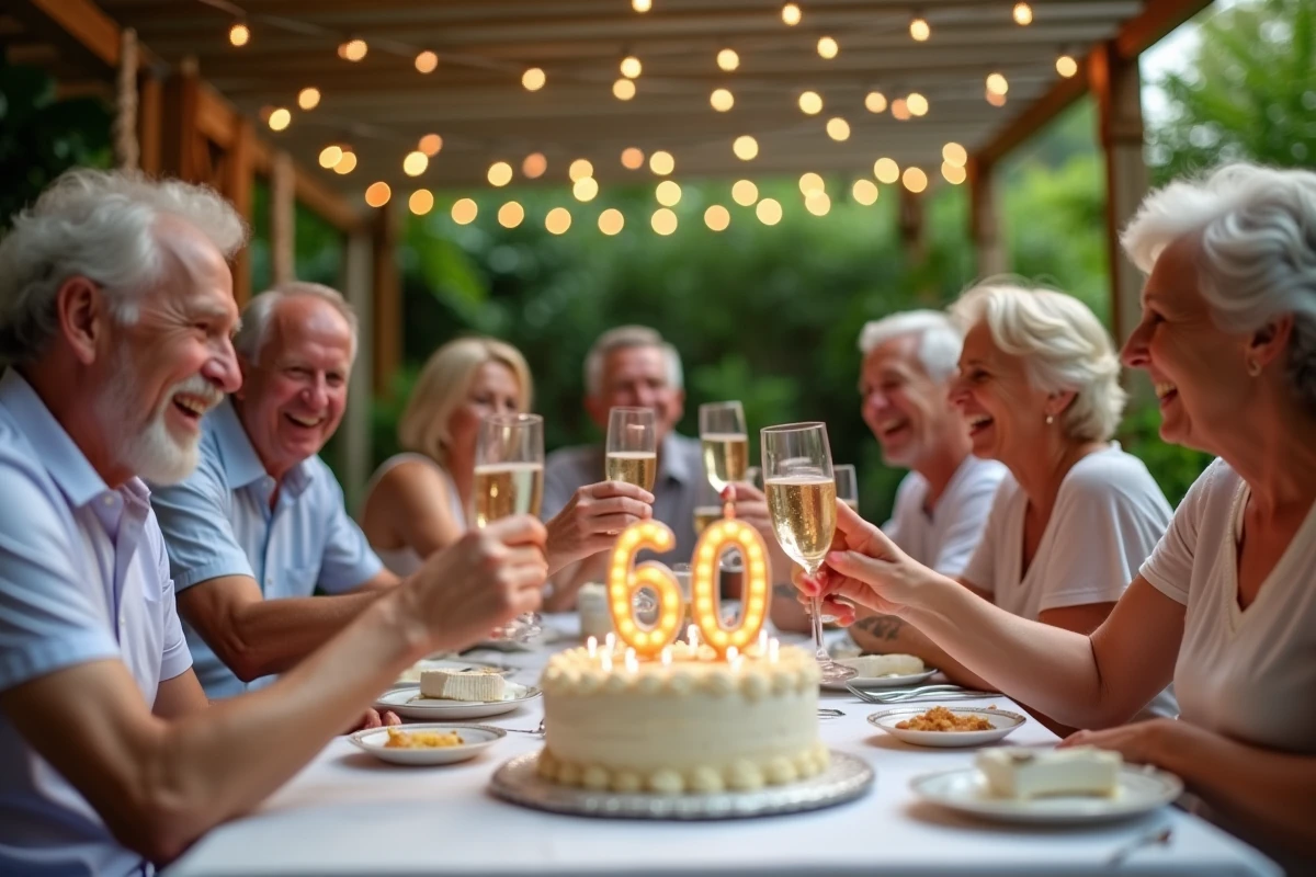 Groupe d'amis fêtant les 60 ans d'un homme avec champagne et gâteau d'anniversaire lors d'une soirée en plein air