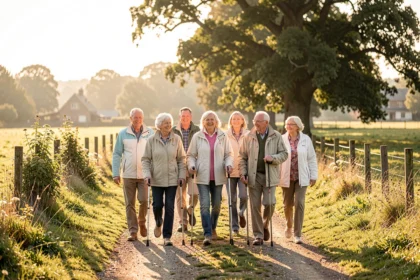 Groupe de seniors marchant ensemble sur un chemin de campagne