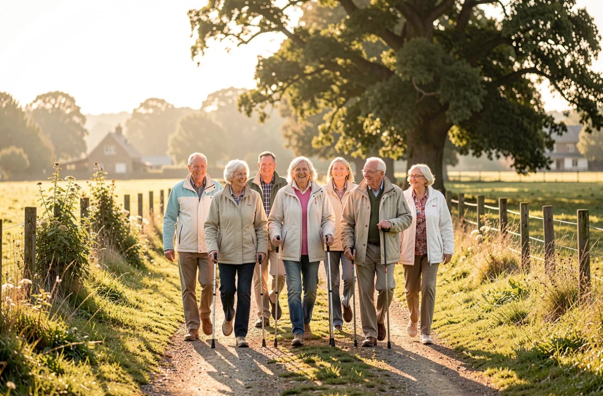 Groupe de seniors marchant ensemble sur un chemin de campagne
