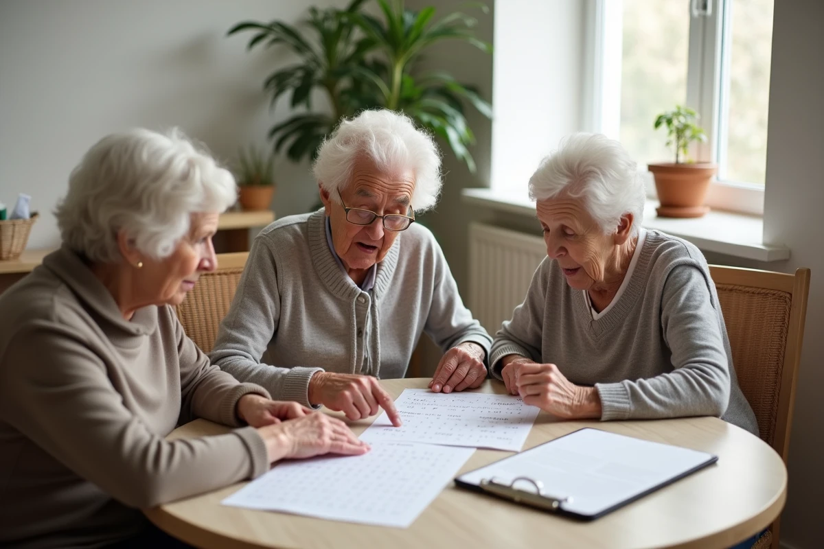 Groupe de personnes âgées participant à un atelier mémoire autour de grilles de mots mêlés imprimées