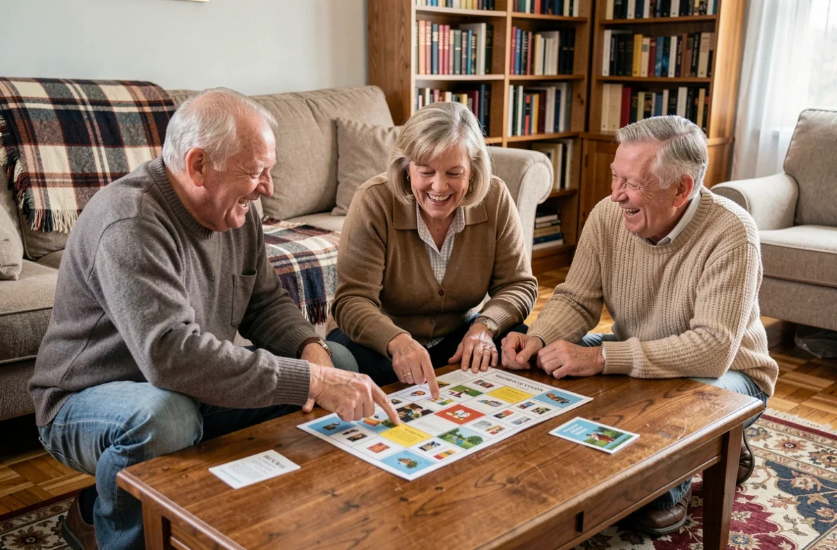 Groupe de personnes âgées riant ensemble autour d'un jeu de quiz imprimé dans un salon confortable