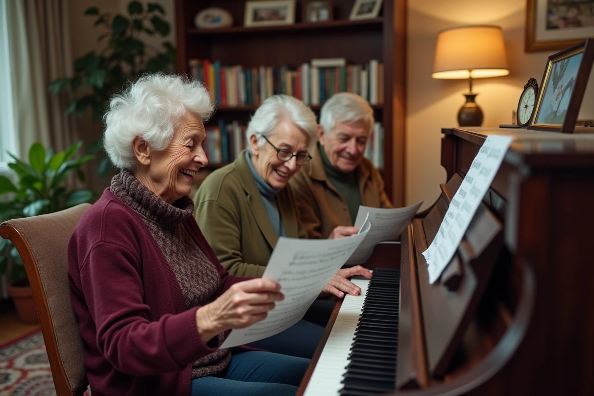 Groupe de retraités réunis autour d'un piano qui chantent et rient ensemble en lisant des paroles manuscrites