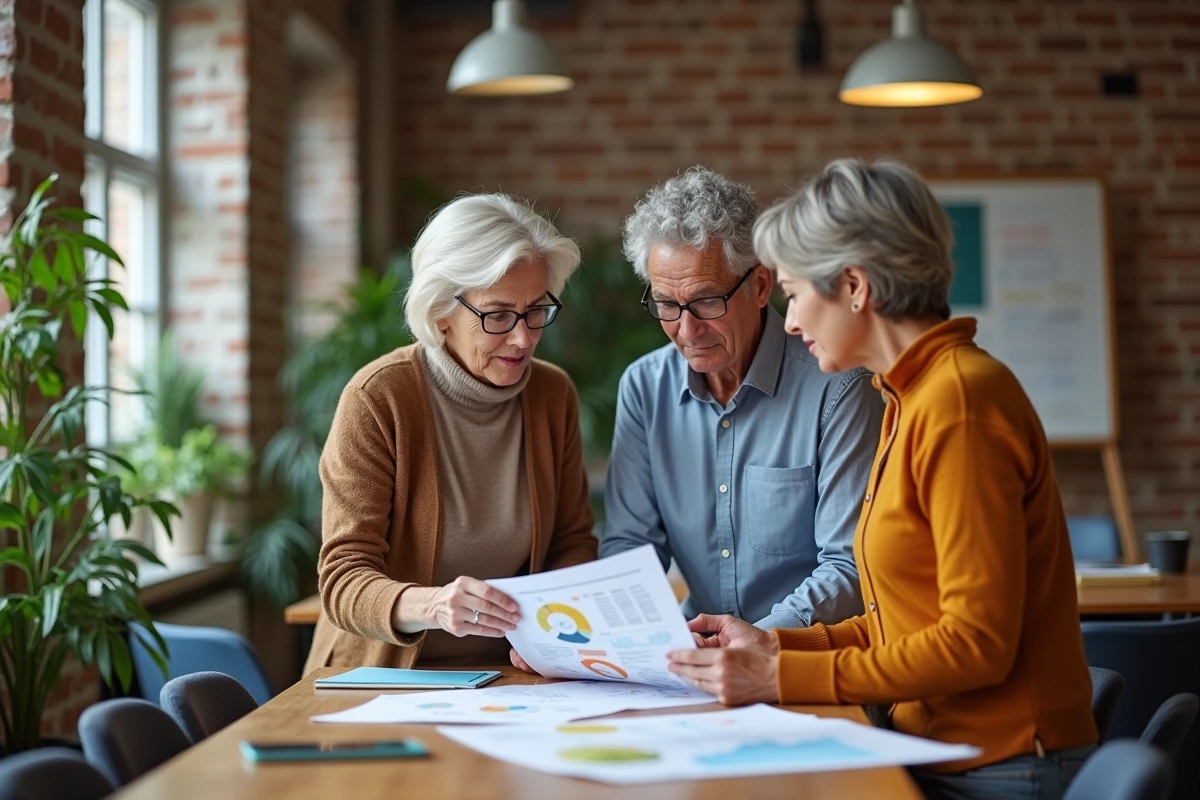 Groupe de collègues seniors actifs collaborant sur des documents liés à la planification de la retraite dans un espace de travail moderne