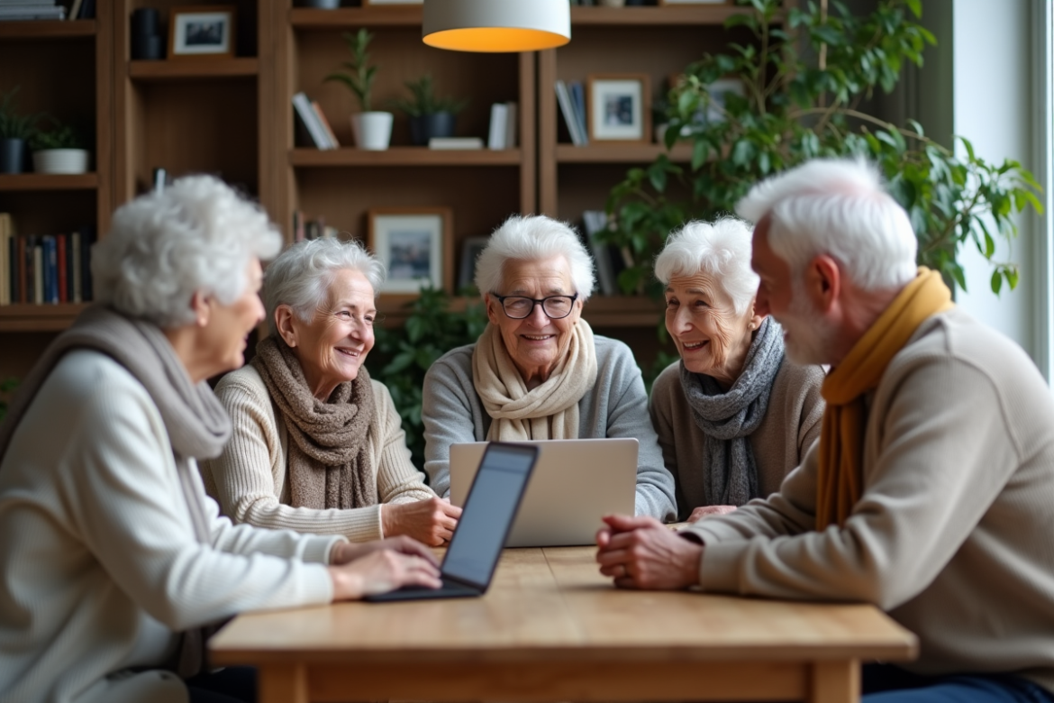 Groupe de seniors discutant autour d'un ordinateur dans un salon chaleureux