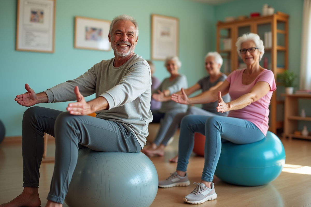 Groupe de seniors faisant des exercices avec ballons de stabilité