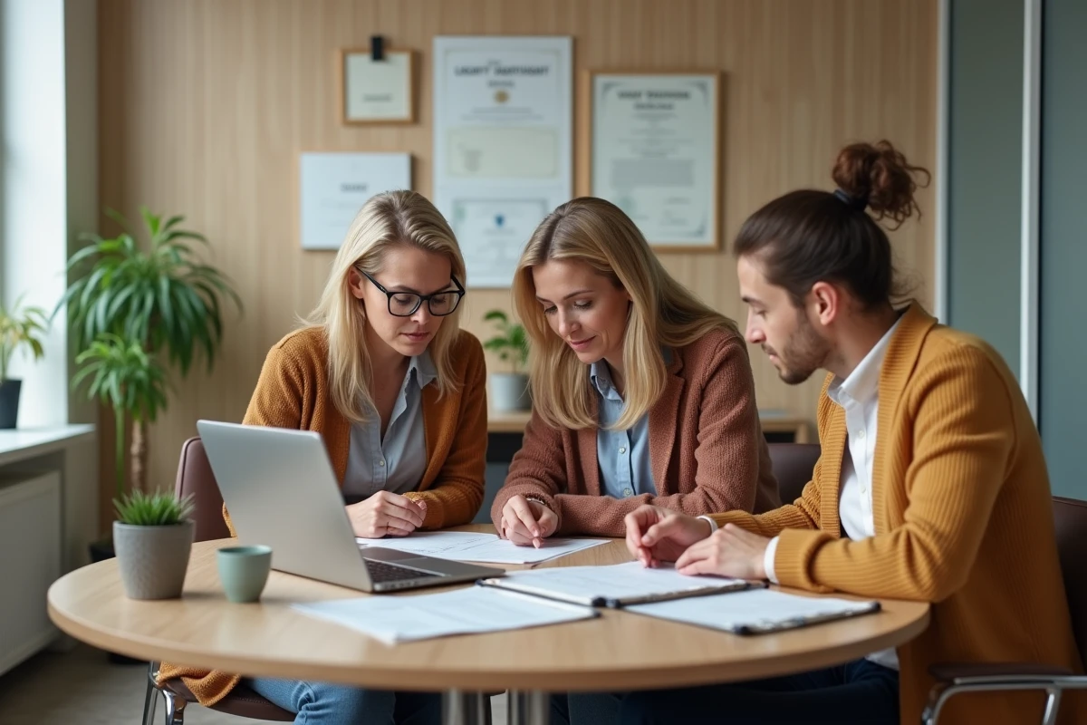 Trois héritiers adultes réunis dans un bureau de notaire pour discuter du partage de la succession et des obligations de paiement des frais de maison de retraite parentale