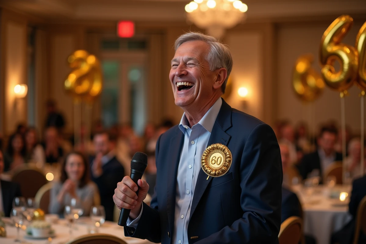 Homme de 60 ans souriant tenant un micro lors de son discours d'anniversaire humoristique en soirée festive