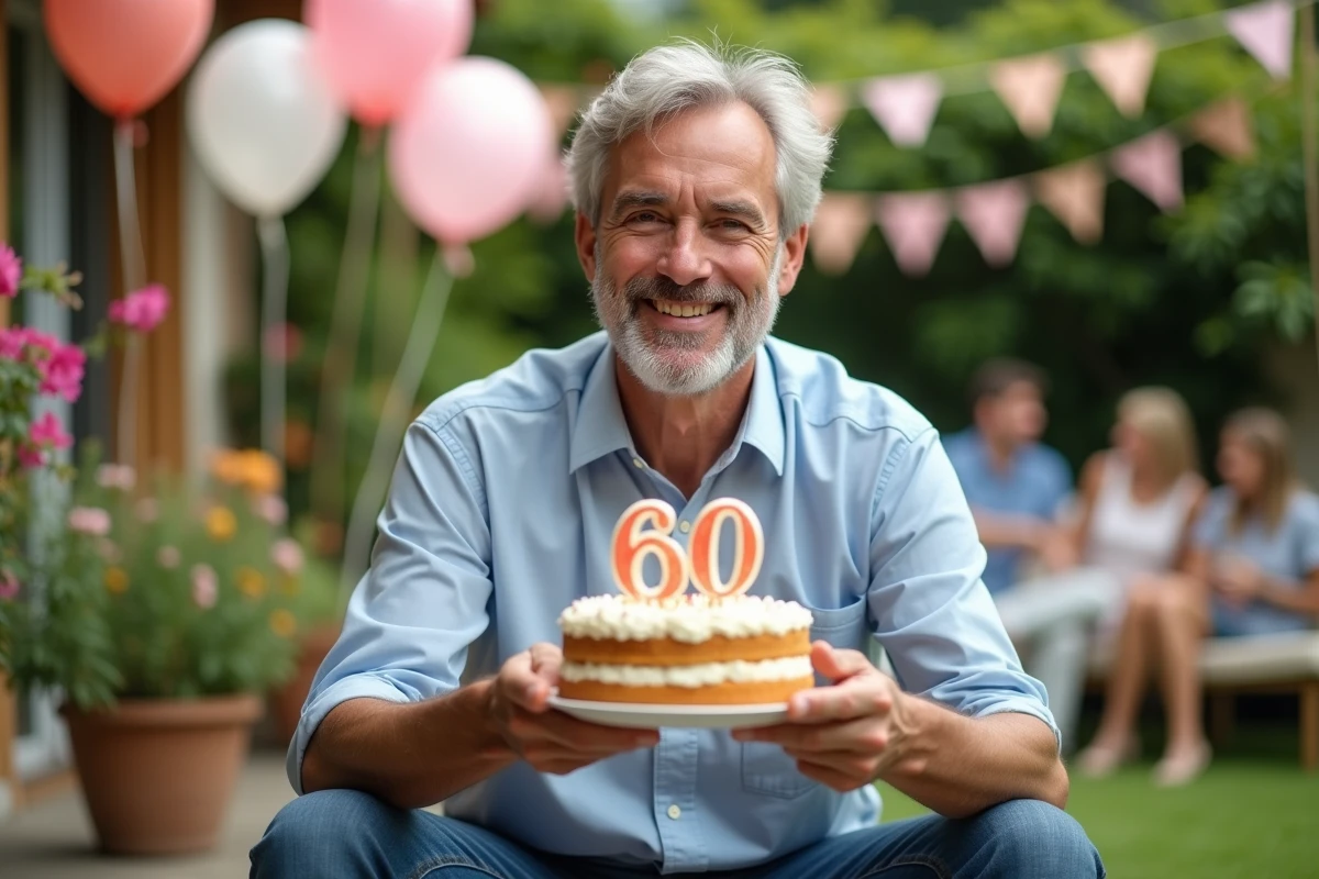 Homme de 60 ans avec gâteau lors d une fête en plein air