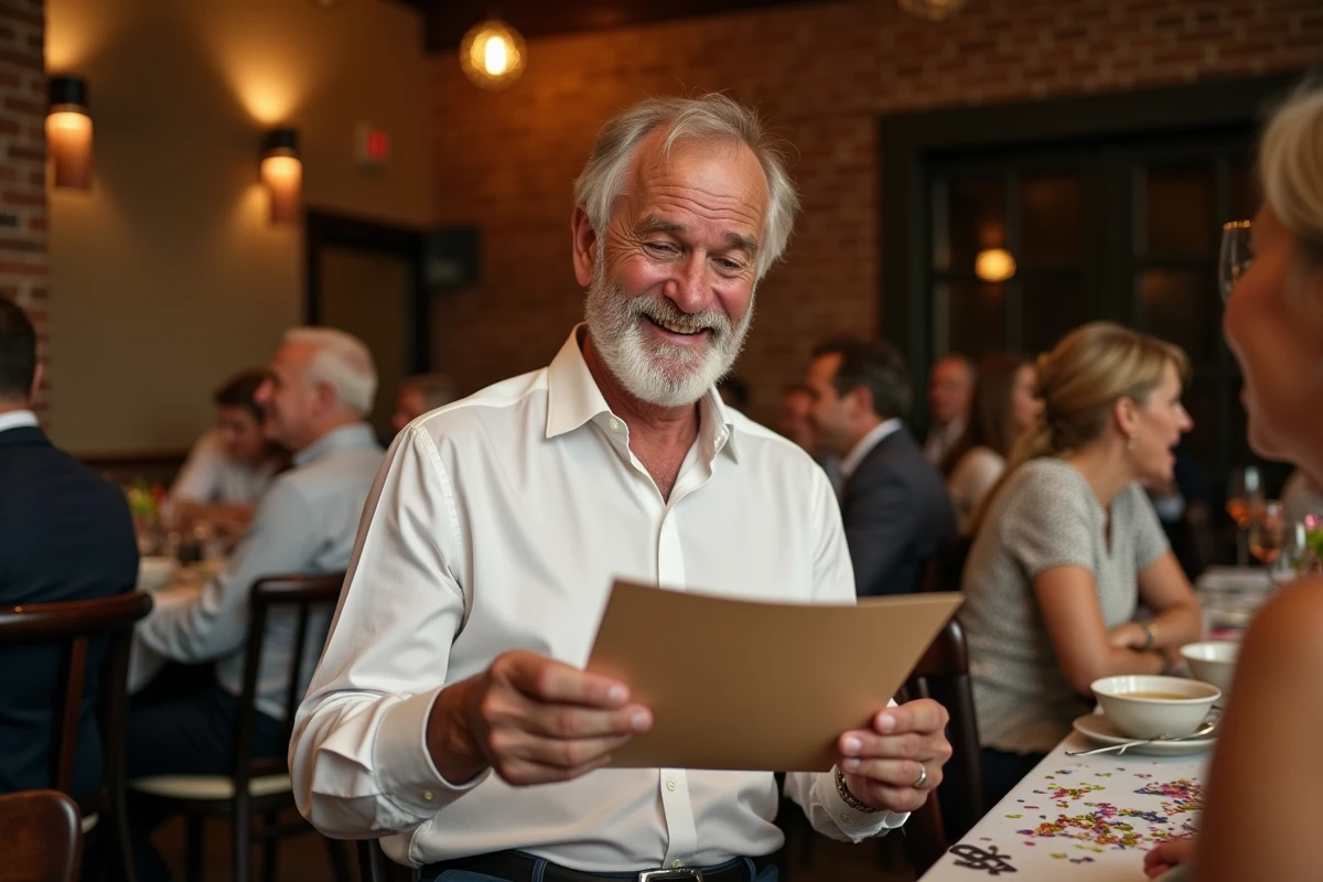 Homme de 60 ans lisant un discours d'anniversaire humoristique avec le sourire lors d'un dîner festif entre amis