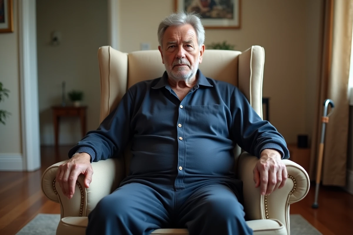 Homme âgé assis dans un fauteuil portant une grenouillère adulte mal ajustée avec boutons-pression mal alignés